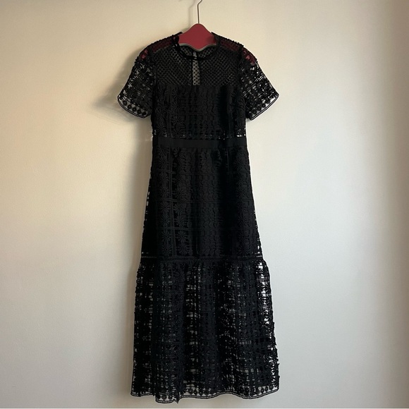 Self-Portrait Floral Lattice Lace Dress in Black - Picture 4 of 16
